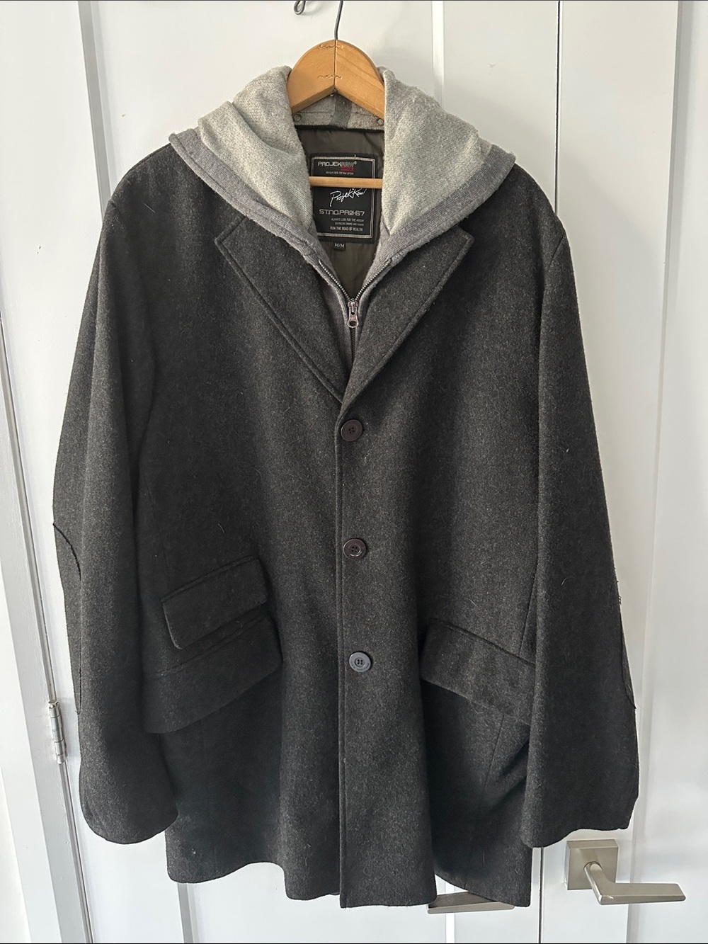 ProjekRaw Sport Men’s Charcoal Wool Blend Coat w/ Removable Double Layer w/ Hood